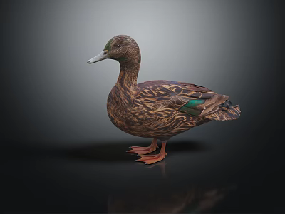 Brown Patterned Duck With Green Feathers Standing On Black Background And Reflection 3d model