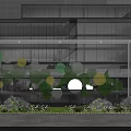 Modern Building Exterior White Frame With Colorful Circular Decorations Flower Beds And Water Feature