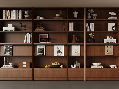 Walnut Bookshelf With Books Decorations Framed Pictures And Fruits In Living Room 3d model