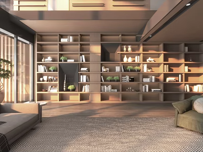 Modern Living Room Wooden Display Cabinet with Multiple Shelves Books Green Plants Decorations Bright Lighting 3d model