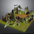 Vibrant 3D Model Plants Featuring Green and Purple Foliage on Green Orange Ground