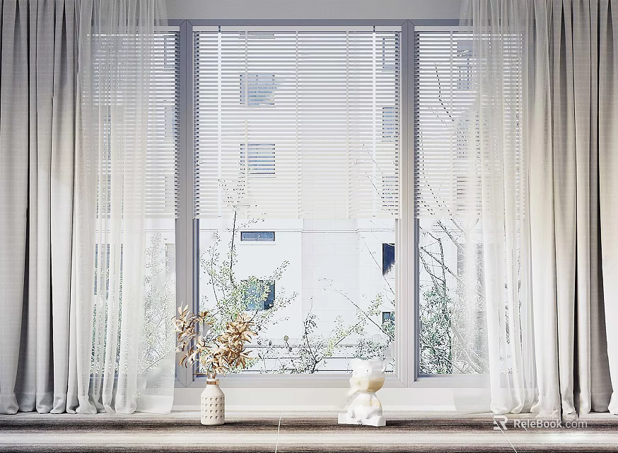 Elegant Soft Light Colored Curtains With Sheer Panels Drapes Window Greenery Vase And Teddy Bear 3d model 