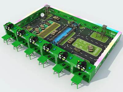 Go Tank Themed Playground Equipment Featuring Green Structure Seats And Interactive Game Area 3d model