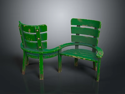 Green Connected Outdoor Chairs With Wooden Slats And Vintage Weathered Look 3d model