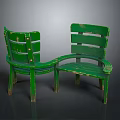 Green Connected Outdoor Chairs With Wooden Slats And Vintage Weathered Look