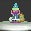 Cute Christmas Girl Doll In Blue Coat With Santa Hat And Snowman On Snowy Platform