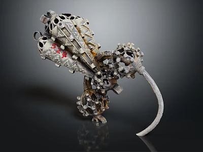Mechanical Rodent Sculpture Composed Of Metal Gears Bolts With Complex Hollow Structure And Red Accents 3d model