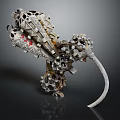 Mechanical Rodent Sculpture Composed Of Metal Gears Bolts With Complex Hollow Structure And Red Accents
