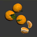Fresh Whole Oranges With Green Leaves And Peeled Segments On Black Reflective Surface