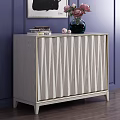 Entryway Console Cabinet With Striped Wooden Doors And Decorative Vase On Purple Wall Background