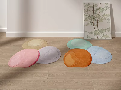 Shaped Rugs in Various Colors Placed on Wooden Floor with Wall Art 3d model