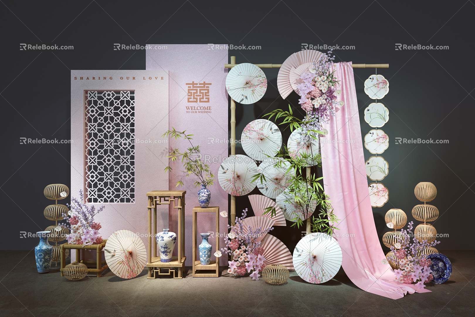 Wedding Photo Meichen Sign-in Welcome Area New Chinese Style Return Banquet Handover Table Pink Floriculture Niche Wedding Window Chinese Style Nanyang Style Paper Umbrella 3d model