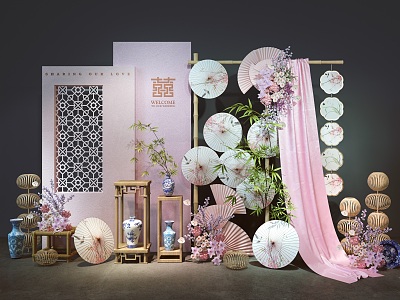 Wedding Photo Meichen Sign-in Welcome Area New Chinese Style Return Banquet Handover Table Pink Floriculture Niche Wedding Window Chinese Style Nanyang Style Paper Umbrella 3d model