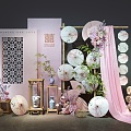 Wedding Photo Meichen Sign-in Welcome Area New Chinese Style Return Banquet Handover Table Pink Floriculture Niche Wedding Window Chinese Style Nanyang Style Paper Umbrella 3d model