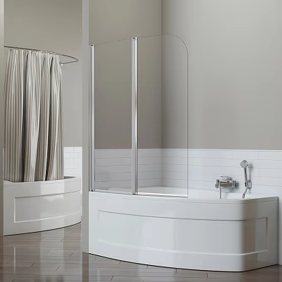 Modern Bathroom White Bathtub With Glass Shower Screen Tile Wall And Shower Curtain 3d model