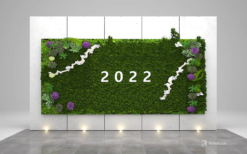 Green Plant Wall with 2022 Number Purple Flowers White Decorations White Background and Bottom Lighting 3d model 
