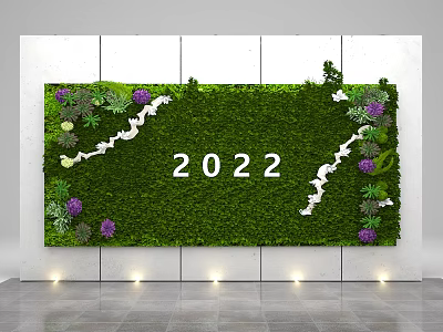 Green Plant Wall with 2022 Number Purple Flowers White Decorations White Background and Bottom Lighting 3d model