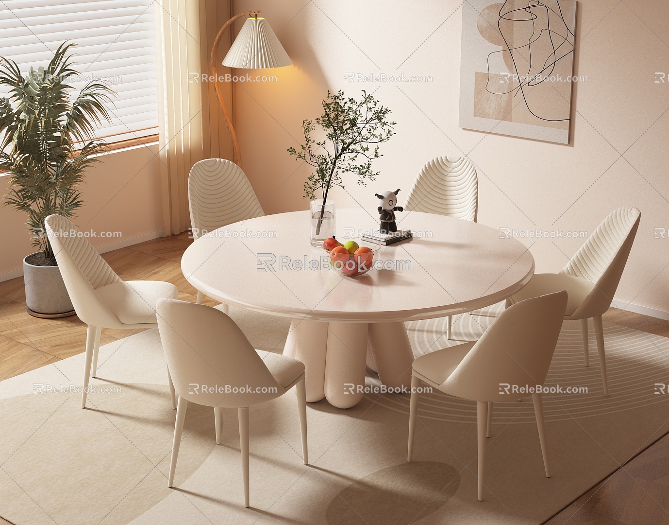 Modern Cream Style Dining Table and Chair Round Dining Table Fabric Dining Chair Six-person Vase Ornaments 3d model