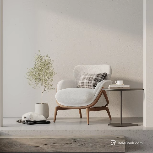 Comfortable White Lounge Chair With Plaid Cushion Wooden Legs Side Table Coffee Cup And Plant 3d model 