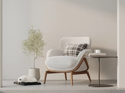 Comfortable White Lounge Chair With Plaid Cushion Wooden Legs Side Table Coffee Cup And Plant 3d model