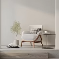 Comfortable White Lounge Chair With Plaid Cushion Wooden Legs Side Table Coffee Cup And Plant
