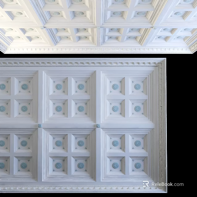 Elegant Ceiling Design With Square Grid Panels Blue Circular Accents And Plaster Moldings 3d model