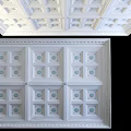 Elegant Ceiling Design With Square Grid Panels Blue Circular Accents And Plaster Moldings 3d model