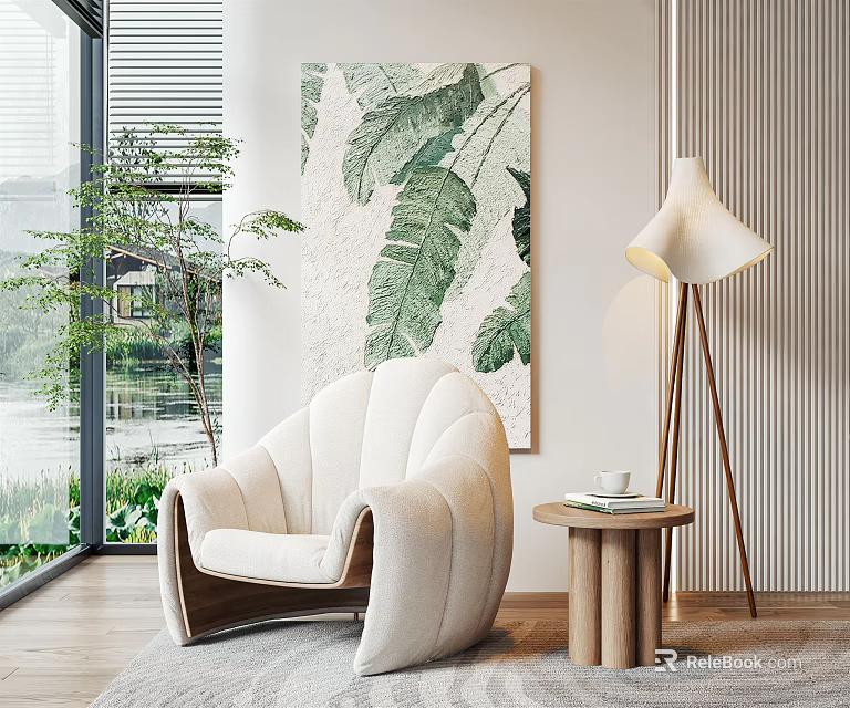 Curved Modern Single Sofa in Bright Room with Leaf Painting Side Table and Floor Lamp 3d model 