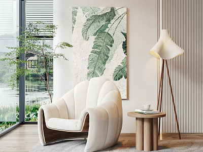 Curved Modern Single Sofa in Bright Room with Leaf Painting Side Table and Floor Lamp 3d model