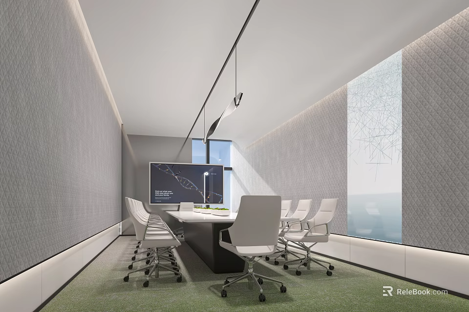 Modern Conference Room Interior With Long Table White Office Chairs And Projector Screen 3d model 