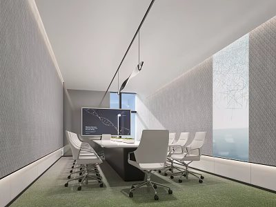 Modern Conference Room Interior With Long Table White Office Chairs And Projector Screen 3d model