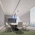 Modern Conference Room Interior With Long Table White Office Chairs And Projector Screen