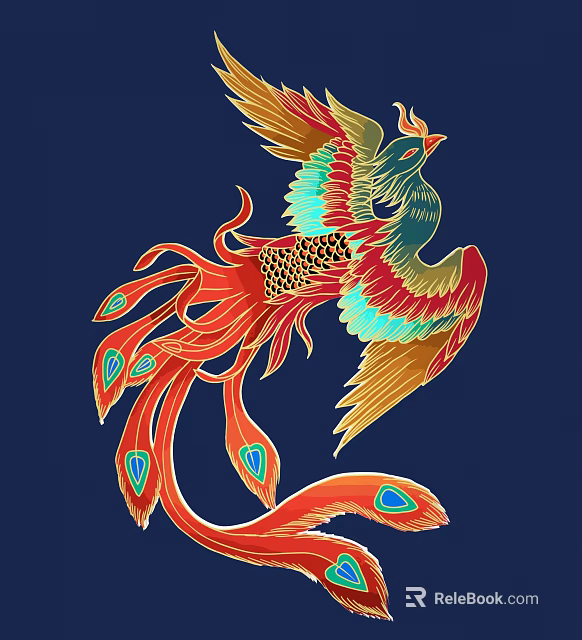Colorful Carved Phoenix Decorative Art With Vibrant Feathers On Dark Blue Background 3d model 