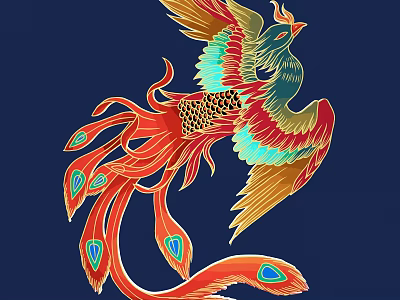 Colorful Carved Phoenix Decorative Art With Vibrant Feathers On Dark Blue Background 3d model