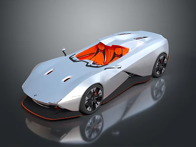 Silver Convertible Sports Car with Orange Seats and Sleek Aerodynamic Design 3d model
