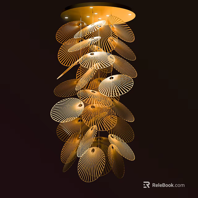 Elegant Modern Golden Chandelier With Fan Shaped Leaves And Vertical Hanging Structure 3d model 