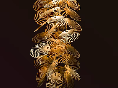 Elegant Modern Golden Chandelier With Fan Shaped Leaves And Vertical Hanging Structure 3d model