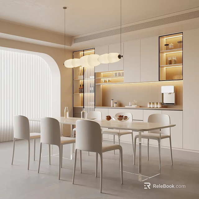 Modern Restaurant Interior With White Dining Table Chairs Pendant Lights And Soft Lighting 3d model