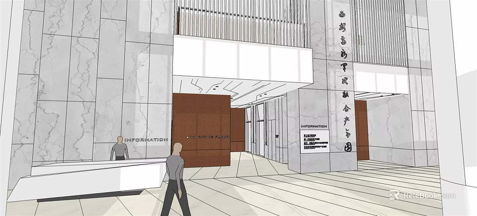 Modern Reception Area Interior Design With Marble Walls Wooden Panels And Signage 3d model 