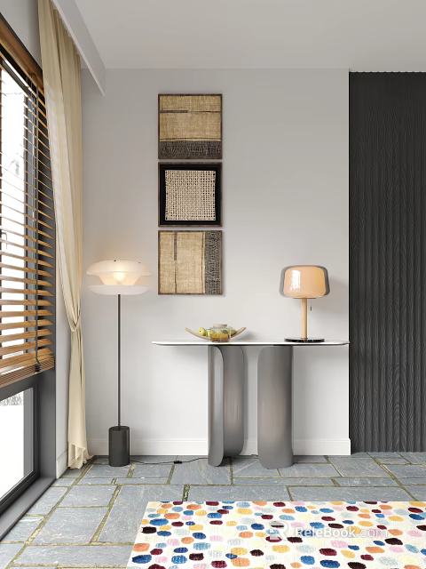 Modern Console Table And Side Cabinet With Table Lamp Wall Art And Decorative Items 3d model 