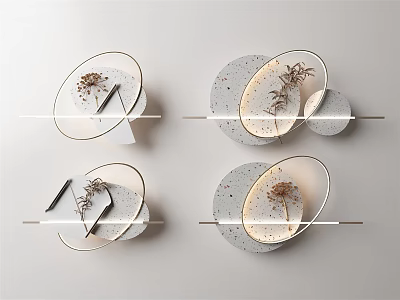 Stylish Modern Wall Decor With Oval Circular Structures Plant Accents Metal Frames And Warm Lighting 3d model