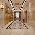 Luxurious Elevator Hallway With Marble Walls Patterned Carpet Artistic Ceiling Decor And Warm Lighting 3d model