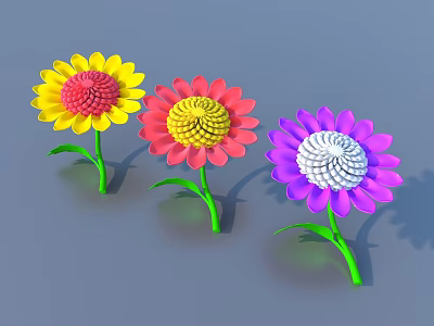 Three Vibrant Yellow Pink And Purple Flowers With Green Stems And Leaves 3d model