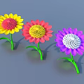 Three Vibrant Yellow Pink And Purple Flowers With Green Stems And Leaves
