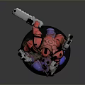 Red Armored Game Character With Black Spots Holding Dual Silver Guns On Purple Orange Base