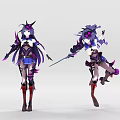 Tech Exhibition Hall Showcasing Futuristic Character Model with Purple Long Hair Spiked Headdress and Weapon