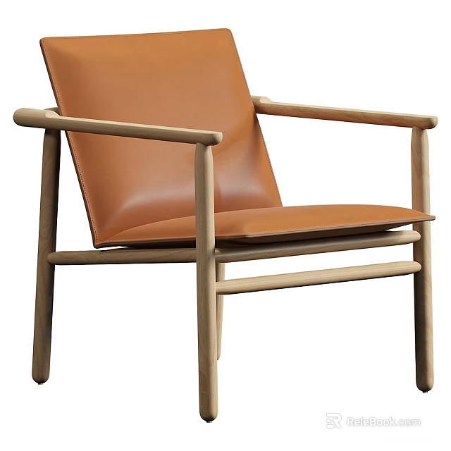 Minimalist Modern Leisure Chair With Light Wooden Frame And Brown Leather Upholstery 3d model 