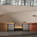 Modern Reception Desk Interior With Wooden And Marble Tops And Table Lamps