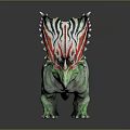 Realistic Green Striped Dinosaur Model Standing With Colorful Head Ornamentation And Horns