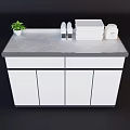 Modern Storage Cabinet With Gray Countertop Green Plant White Bottles Boxes And Container